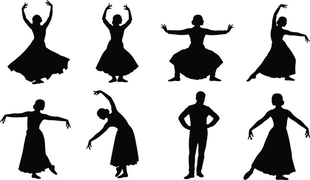 Silhouette of Indian Kathak dancers, classical folk dance poses, traditional ethnic performers, set of male and female dancing figures, isolated on white background, vector