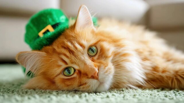 A fluffy, funny ginger cat wearing a green leprechaun hat is lying on a soft green carpet against a light sofa