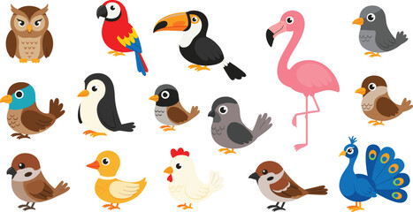 Obraz premium Cute Bird Cartoon Vector Set with Parrot Toucan Flamingo Peacock Duck and Owl