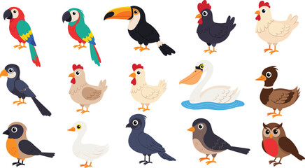 Obraz premium Cute Bird Cartoon Vector Set with Parrot Toucan Chicken Duck Owl and Small Birds