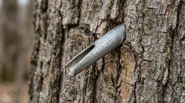 Metal spile inserted into a maple tree for syrup collection