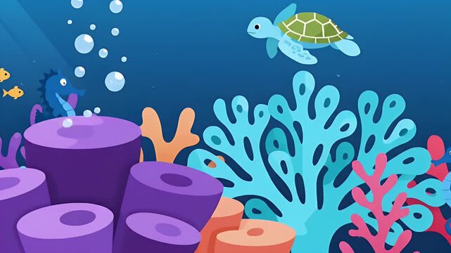 Cartoon school of fish and seahorse in colorful coral reef