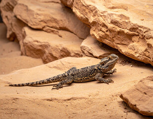 This stunning wildlife photo captures a textured bearded dragon basking on sundrenched sandstone. A symbol of resilience and adaptation, perfect for education or naturethemed projects.