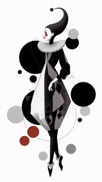 Stylized harlequin clown with geometric circles