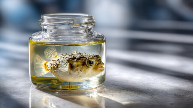 Pufferfish specimen glass jar preserved fish laboratory formaldehyde medical science anatomy toxic ocean creature pufferfish specimen preserved glass jar with clear liquid reflective surface