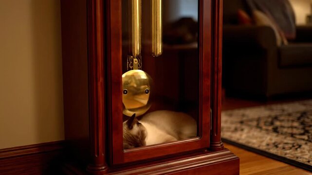 Cat sleeps inside antique grandfather clock with brass pendulum