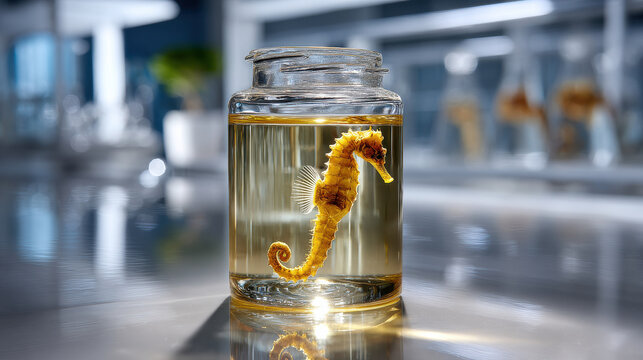 Seahorse specimen glass jar liquid preserved marine animal laboratory science anatomy biology aquatic ocean wildlife research preservation formalin transparent container education display macro