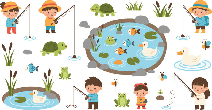 Kids Fishing Cartoon Vector Set with Children Pond Animals Frogs Fish Ducks and Nature Scene