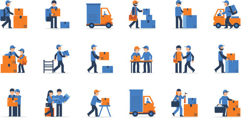 Fototapeta premium Warehouse workers and delivery service characters set with boxes truck logistics cartoon vector