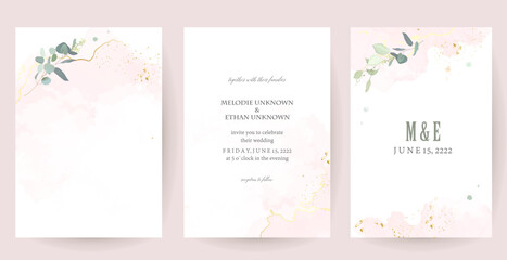 Herbal eucalyptus and gold vector frames. Hand painted branches, leaves on white backgrounds. Greenery wedding simple minimalist invitations. Watercolor cards. All elements are isolated and editable