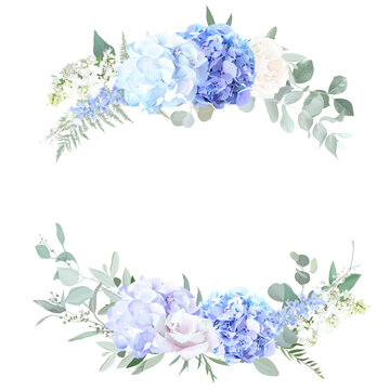 Bridgerton inspired pastel floral vector design frame. Blue delphinium, hydrangea, white peony, eucalyptus, rose, hyacinth, greenery and plants card. All flowers and branches are isolated and movable