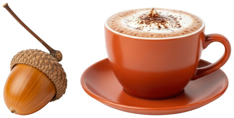 Hot chocolate in cup with autumn acorn isolated on transparent background