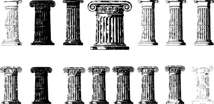 Classical greek and roman architectural columns collection with different styles and silhouettes