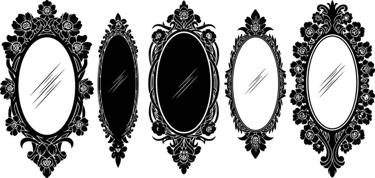 Vintage ornate mirrors collection with floral decorations in elegant black silhouette design