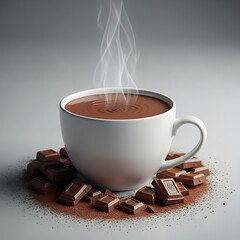 Steaming Hot Chocolate in White Mug with Chocolate Pieces on Brown Background