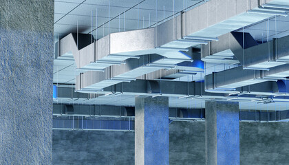Obraz premium HVAC infrastructure installation, Building ventilation. Extensive network of suspended metal air ducts mounted to ceiling for airflow control in industrial or commercial facility interiors, 