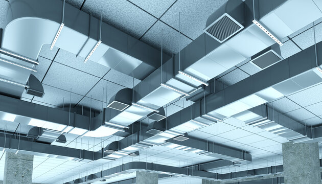 HVAC installation services, Building engineering. Complex network of ceiling-mounted air ducts, diffusers, and ventilation units installed for climate control in commercial interiors, 3d image