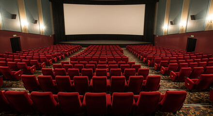 Empty Movie Theater with Red Seats and Large Screen
