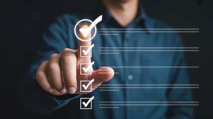 Finger touching a digital checklist with completed tasks on a dark background, emphasizing organization and progress