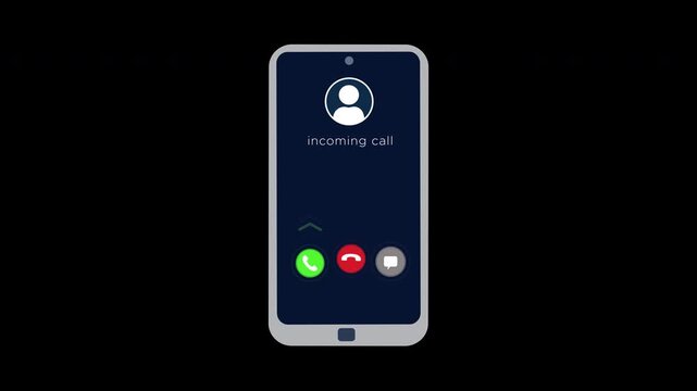 incoming call animation with Mobile phone screen,  smartphone ringing, incoming call screen animation, accept, decline option incoming call icon animation. Alpha channel only 4k
