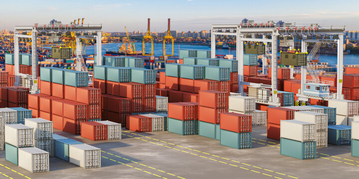 Seaport container terminal, Cargo handling operations. Gantry cranes lifting shipping containers across a large container yard supporting global trade and high-volume freight logistics