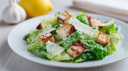 Caesar salad with anchovy paste and garlic displayed beside plate, educational recipe concept