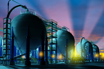 Industrial hydrogen chemical plant with large spherical storage tanks, pipelines, metal platforms,...