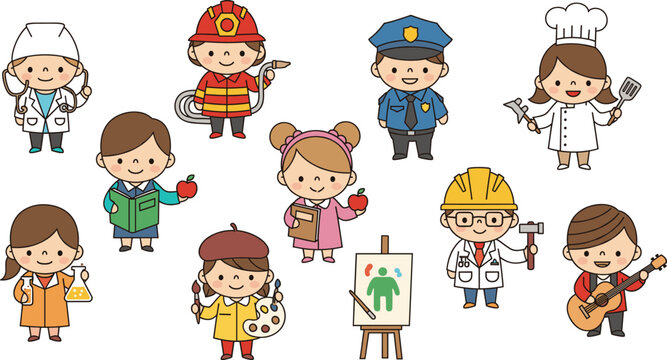 Cute kids profession characters set with doctor firefighter police chef artist musician cartoon vector