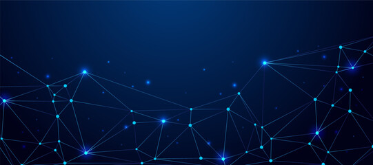 Abstract digital network background with glowing connected nodes and bright lines on a dark blue gradient illustrating data communication, technology flow, and futuristic connectivity.  © AlAhsan