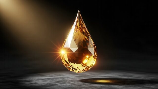 A shimmering golden liquid drop with multifaceted crystalline facets, suspended above a textured dark surface with a faint glow.