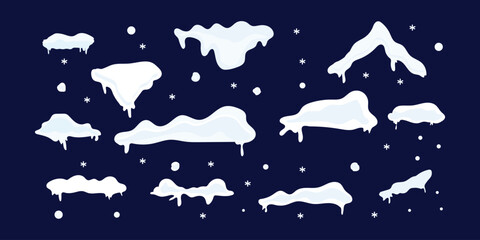 Snow caps set, icicles, snowballs and snowdrifts isolated on white. Snowy piles and snow caps. Vector realistic icons set, mountains or hills summits and peaks. Snowfall and blizzard