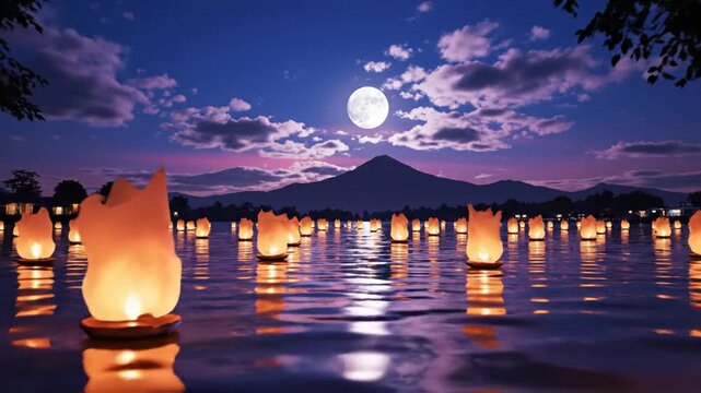 Floating Lanterns on Water Under Full Moon - Cinematic Night Sky