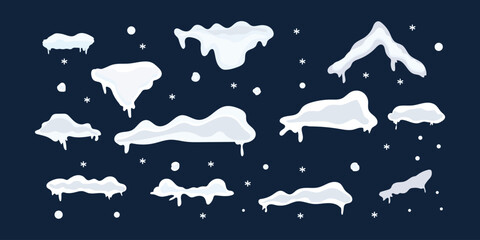 Snow caps set, icicles, snowballs and snowdrifts isolated on white. Snowy piles and snow caps. Vector realistic icons set, mountains or hills summits and peaks. Snowfall and blizzard