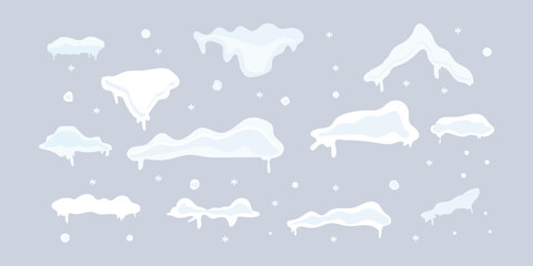 Snow caps set, icicles, snowballs and snowdrifts isolated on white. Snowy piles and snow caps. Vector realistic icons set, mountains or hills summits and peaks. Snowfall and blizzard