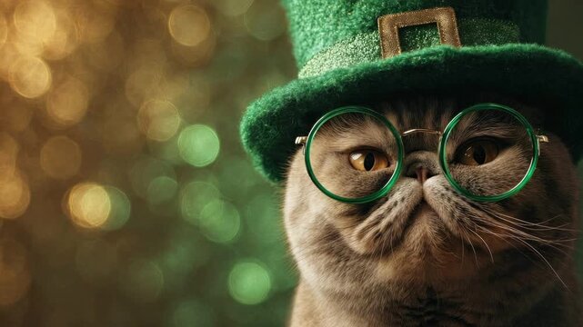 A funny fat cat wearing glasses and a green hat against a festive blurred background with bokeh. Holiday concept, banner with a cute pet