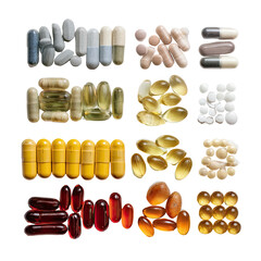 A detailed grid of diverse medication, capsules, and supplements in varied colors and forms