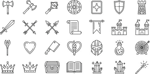 Medieval fantasy line icon set, knight weapons castle magic symbols shield sword crown vector illustration collectionMedieval fantasy line icon set, knight weapons castle magic symbols  © It's Sohan Here