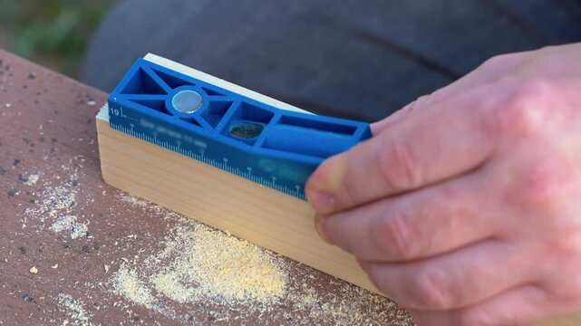 Drilling hole in wooden board using jig and power drill, woodworking process, DIY carpentry, precise drilling, home improvement, construction and craftsmanship concept