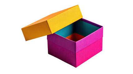 A vibrant pink and orange open gift box with its lid partially lifted, revealing emptiness