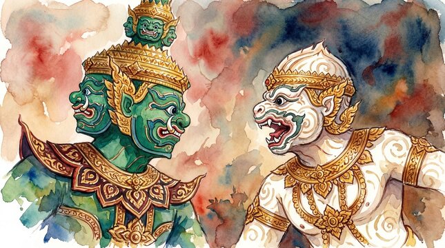 Totsakan and Hanuman facing off, traditional Thai literary characters with detailed gold Lai Thai ornaments.