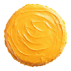 Top-down view of a round cake covered in smooth, vibrant orange frosting