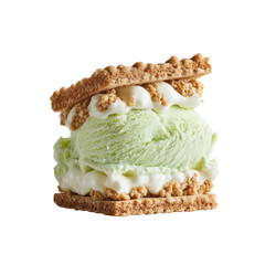 Square, textured cookies hold a scoop of light green ice cream, white cream, and crunchies