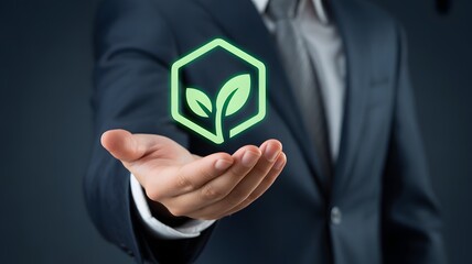 Business Professional Gesturing With Hand Holding Glowing Green Hexagon Symbol Representing Growth and Sustainability