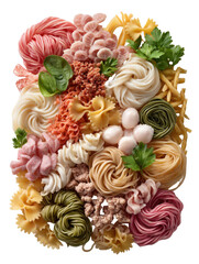 Vibrant overhead view of diverse pasta types, shapes, colors, with herbs and cheese