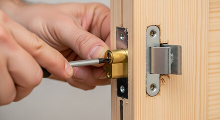 Hand Installing Door Lock with Screwdriver