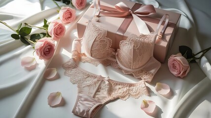 Luxury lace lingerie set with roses and gift box, studio product photography, elegant romantic fashion concept