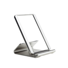Metallic, silver phone stand, angled view, blank screen, isolated on black
