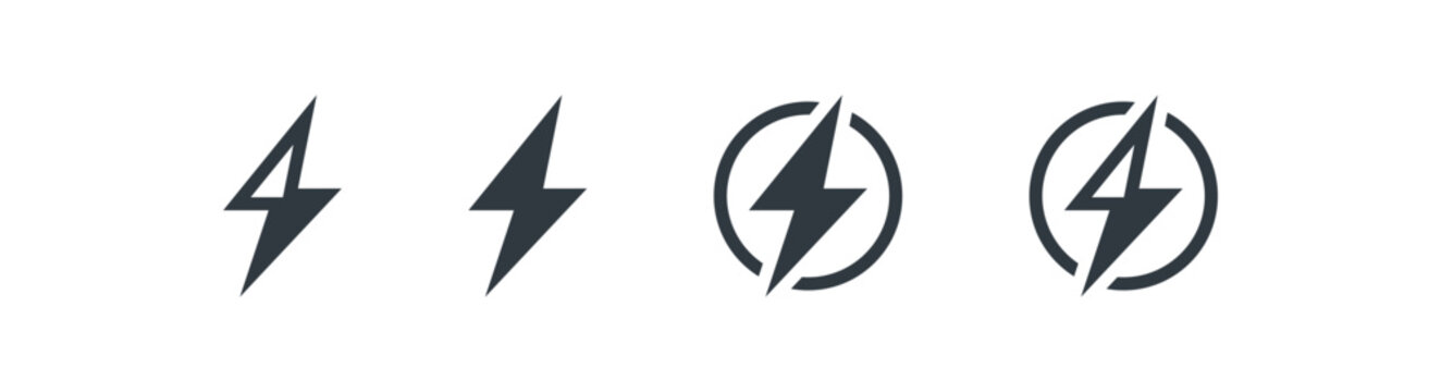 Lightning bolt icon and energy sign in outline and solid styles, energy and power flash symbols for electricity, speed, and charging UI design