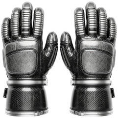Pair of futuristic metallic astronaut gloves isolated on transparent background