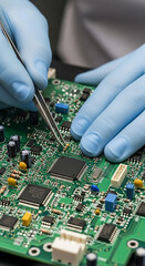 Gloved hands repairing circuit board with tweezers
